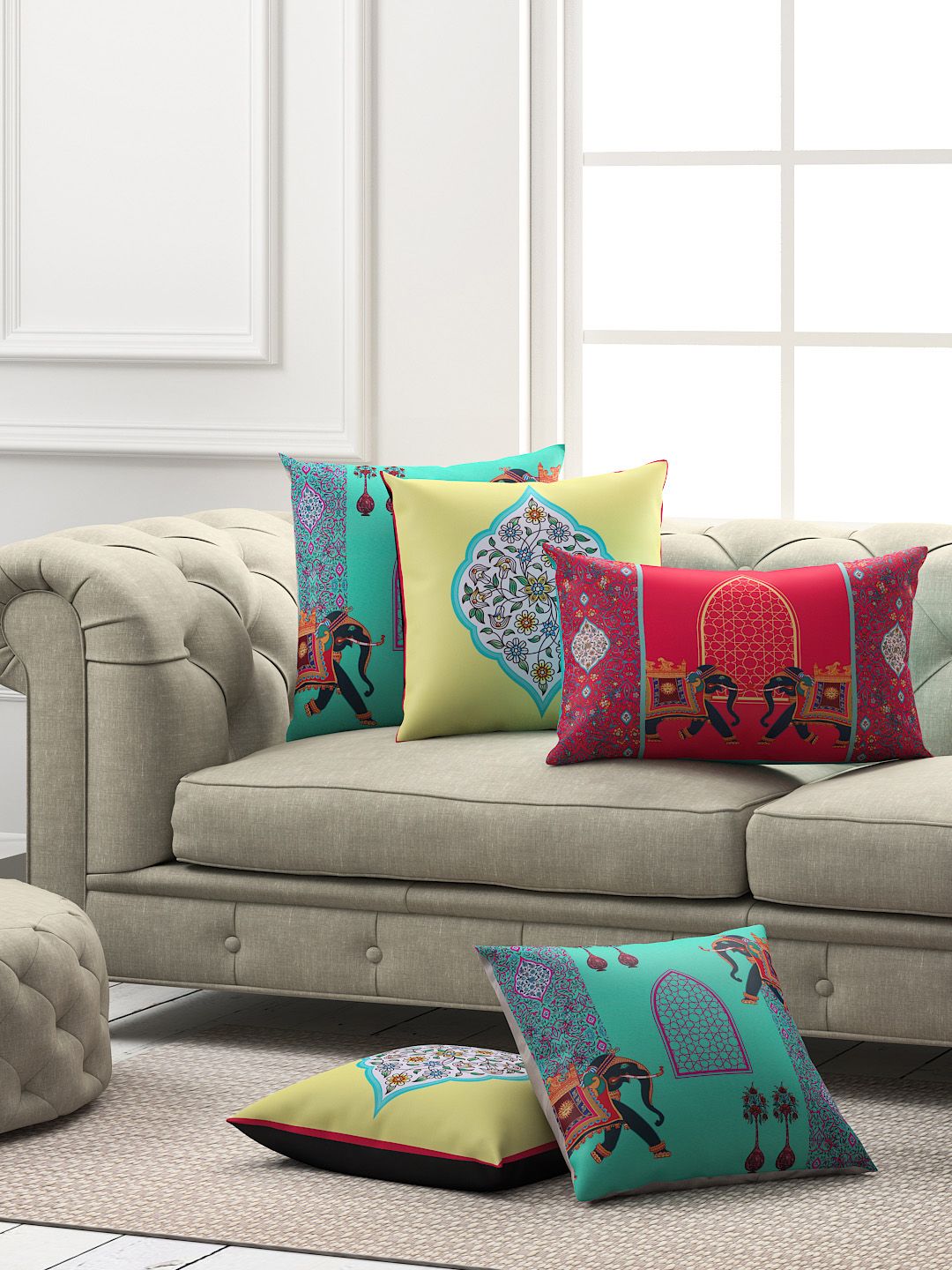 SEJ by Nisha Gupta Green Set of 5 Ethnic Square Cushion Covers Price in India