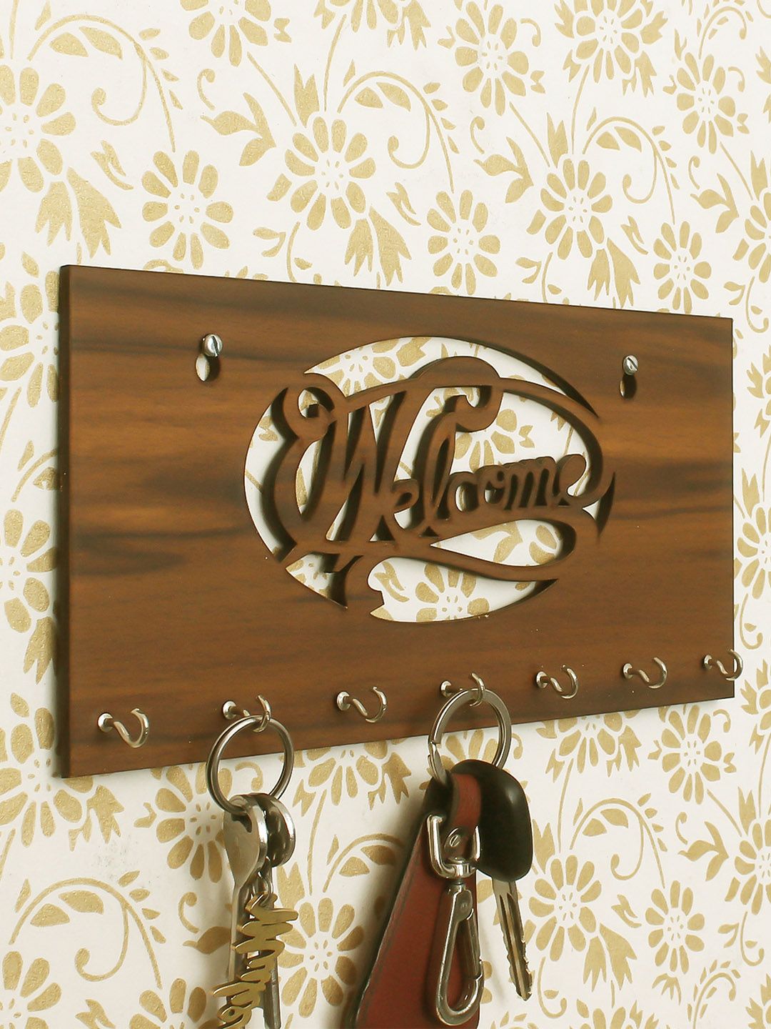 eCraftIndia Brown Welcome Theme Wooden Key Holder Price in India