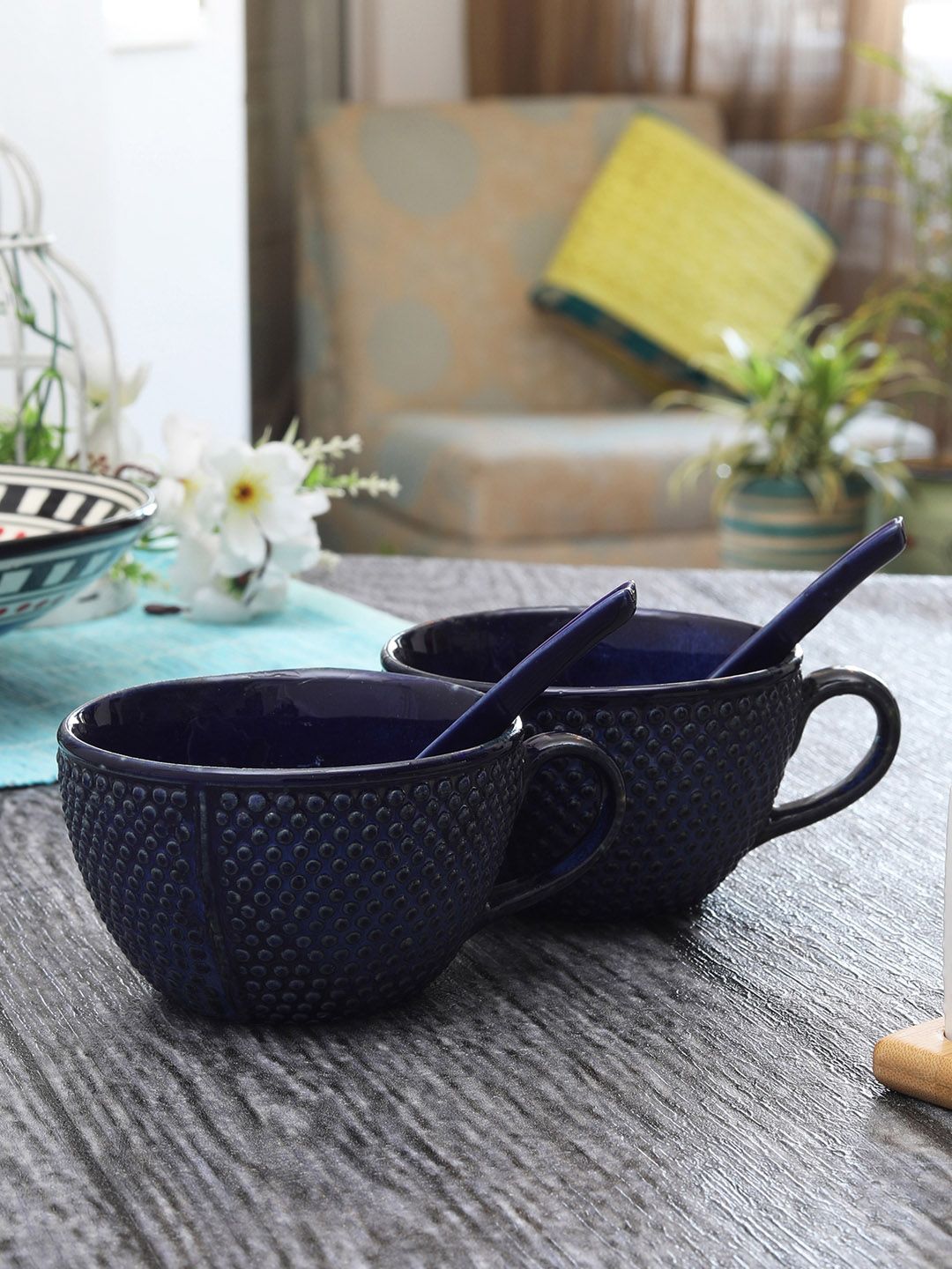 MIAH Decor Blue 2-Pieces Textured Ceramic Cups Set Price in India