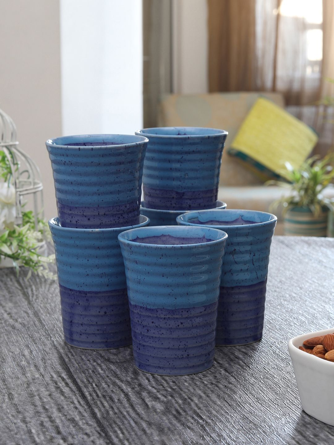 MIAH Decor Set of 5 Blue Solid Ceramic Handcrafted Pottery Tumblers Price in India
