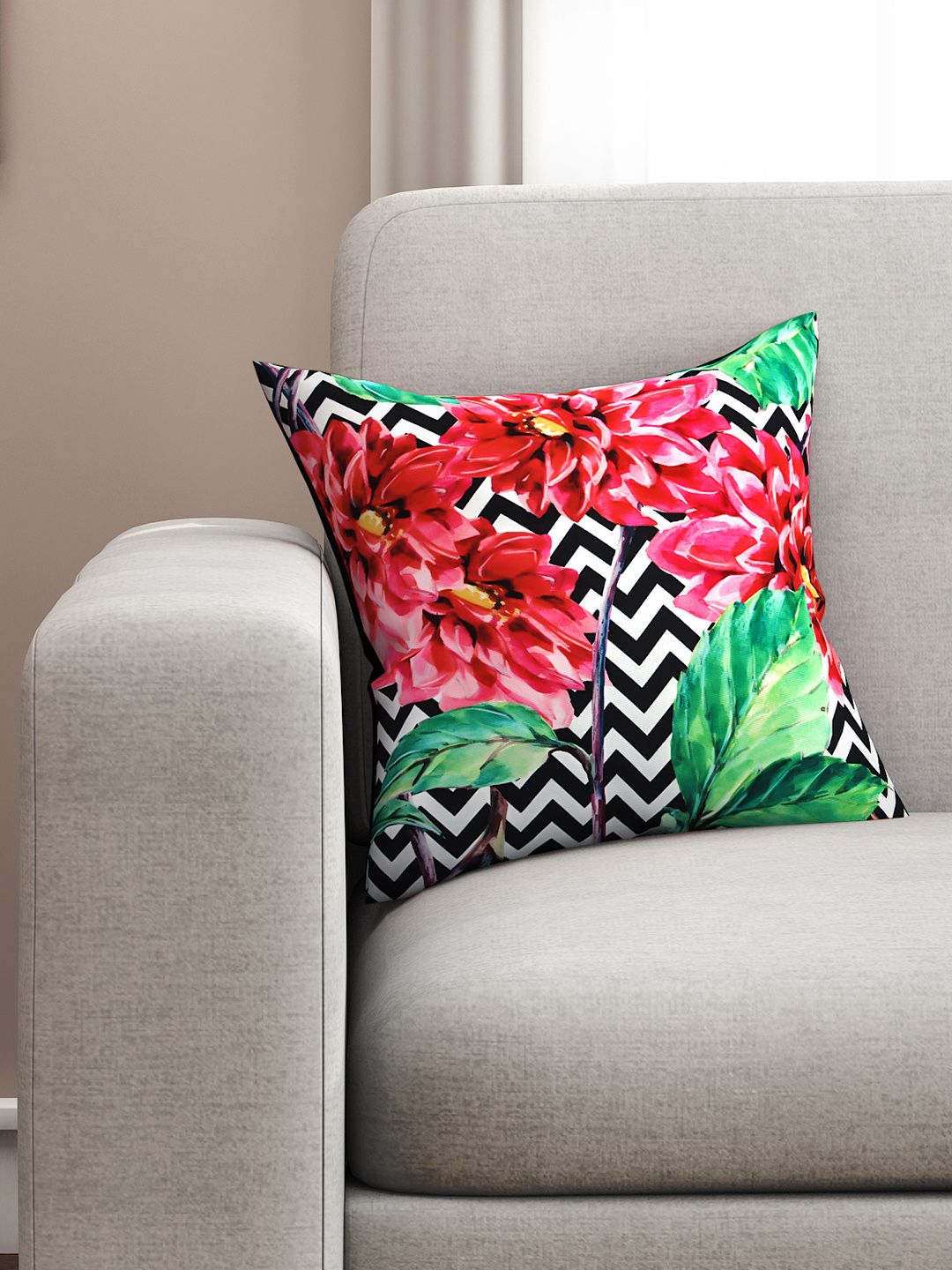 SEJ by Nisha Gupta Black Single Floral Square Cushion Cover Price in India