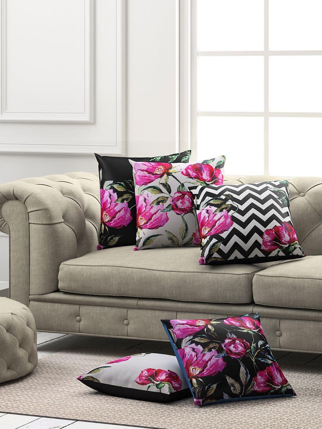 SEJ by Nisha Gupta Set of 5 Printed Square Cushion Covers Price in India