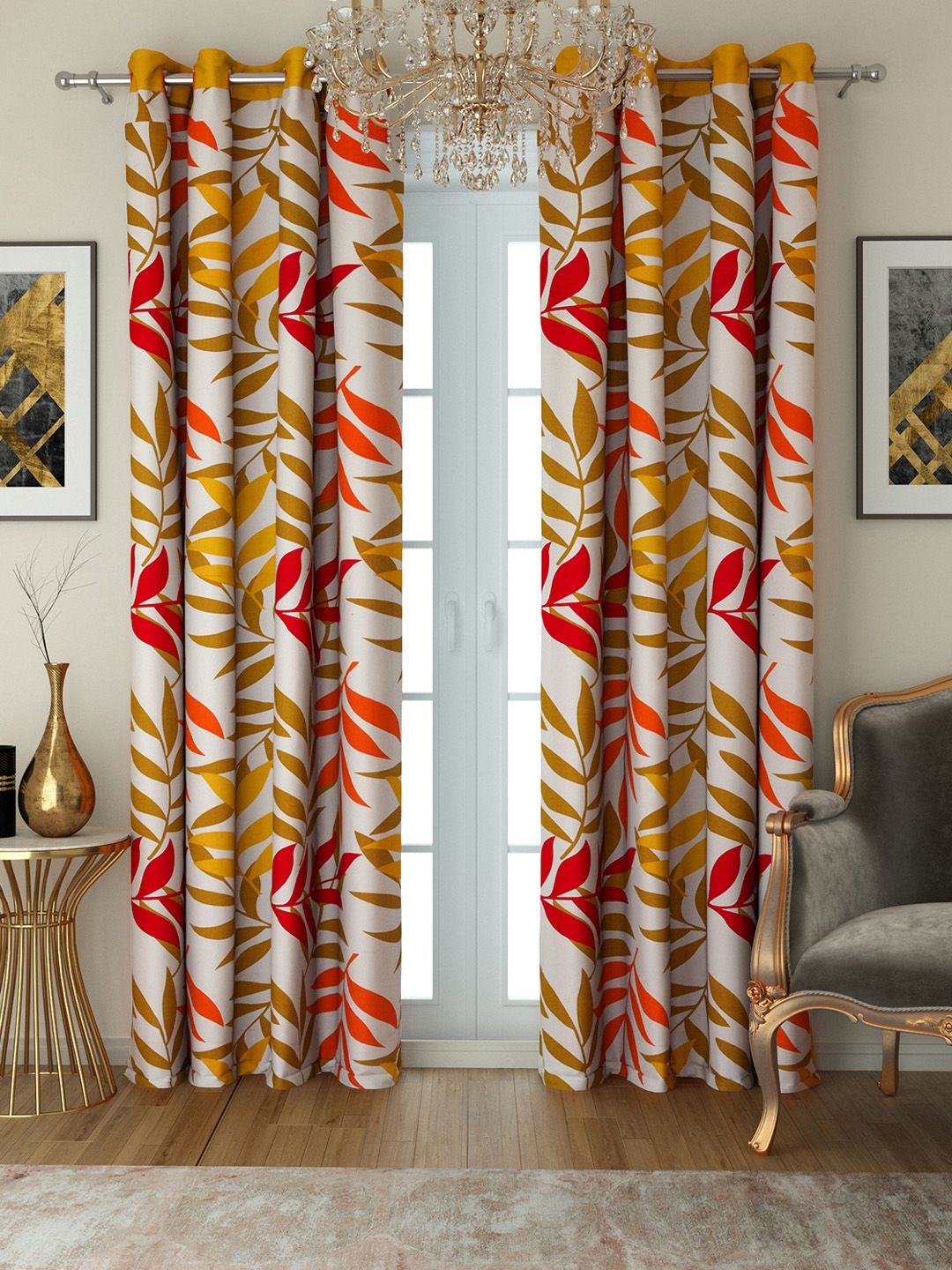 SWAYAM Yellow & Off-White Set of 2 Long Door Curtains Price in India