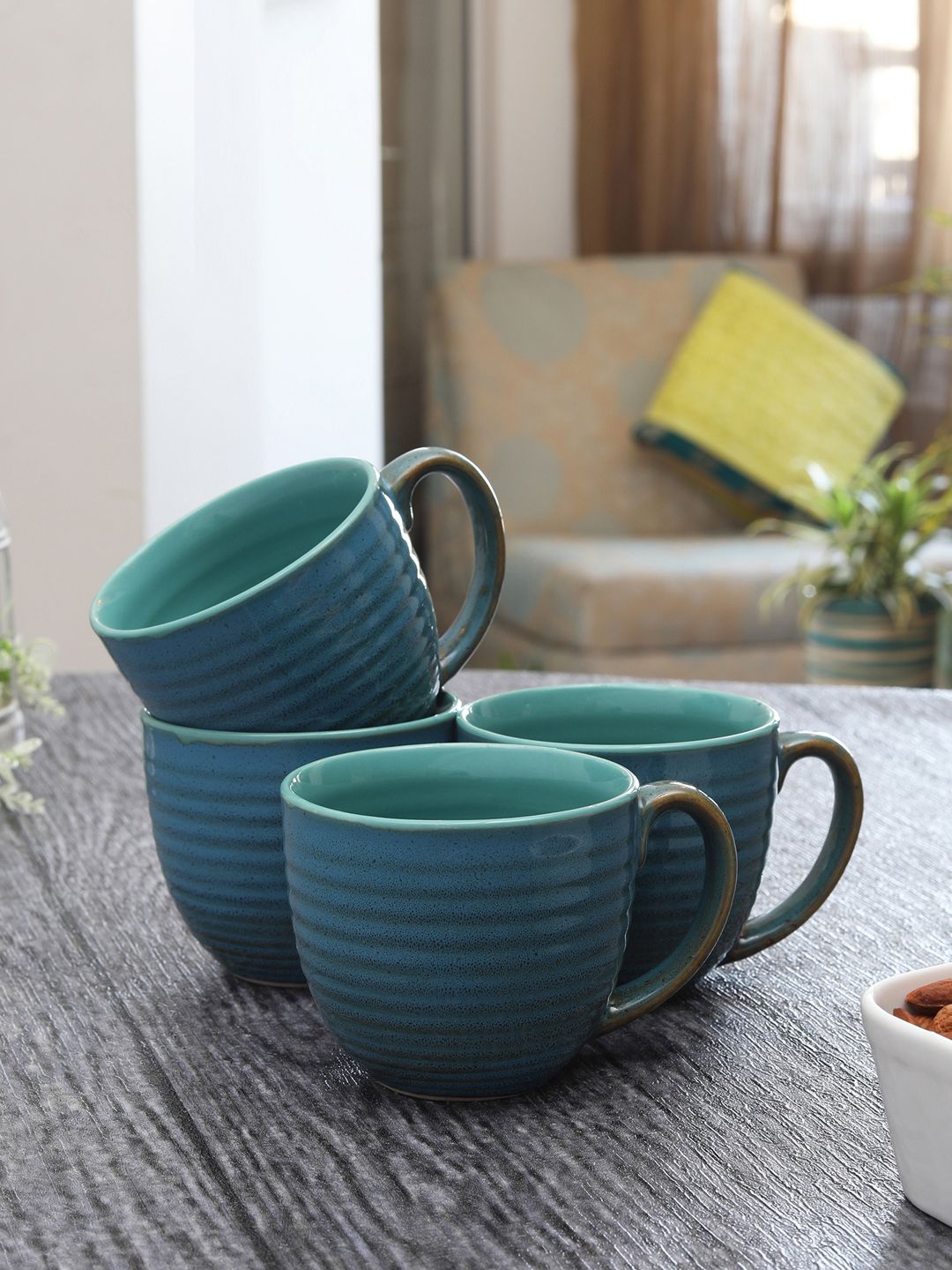 MIAH Decor Blue 4-Pieces Textured Ceramic Cups Set Price in India