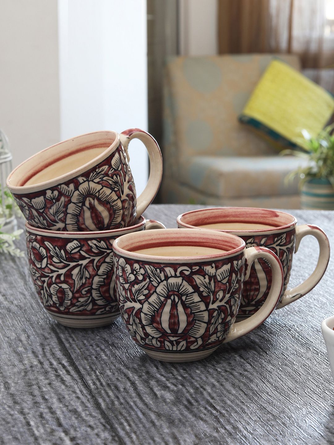 MIAH Decor Beige & Maroon 4-Pieces Printed Ceramic Cups Set Price in India