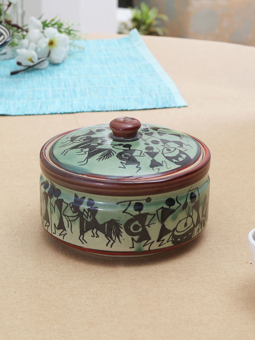MIAH Decor Green Printed Ceramic Serving Bowl with Lid Price in India