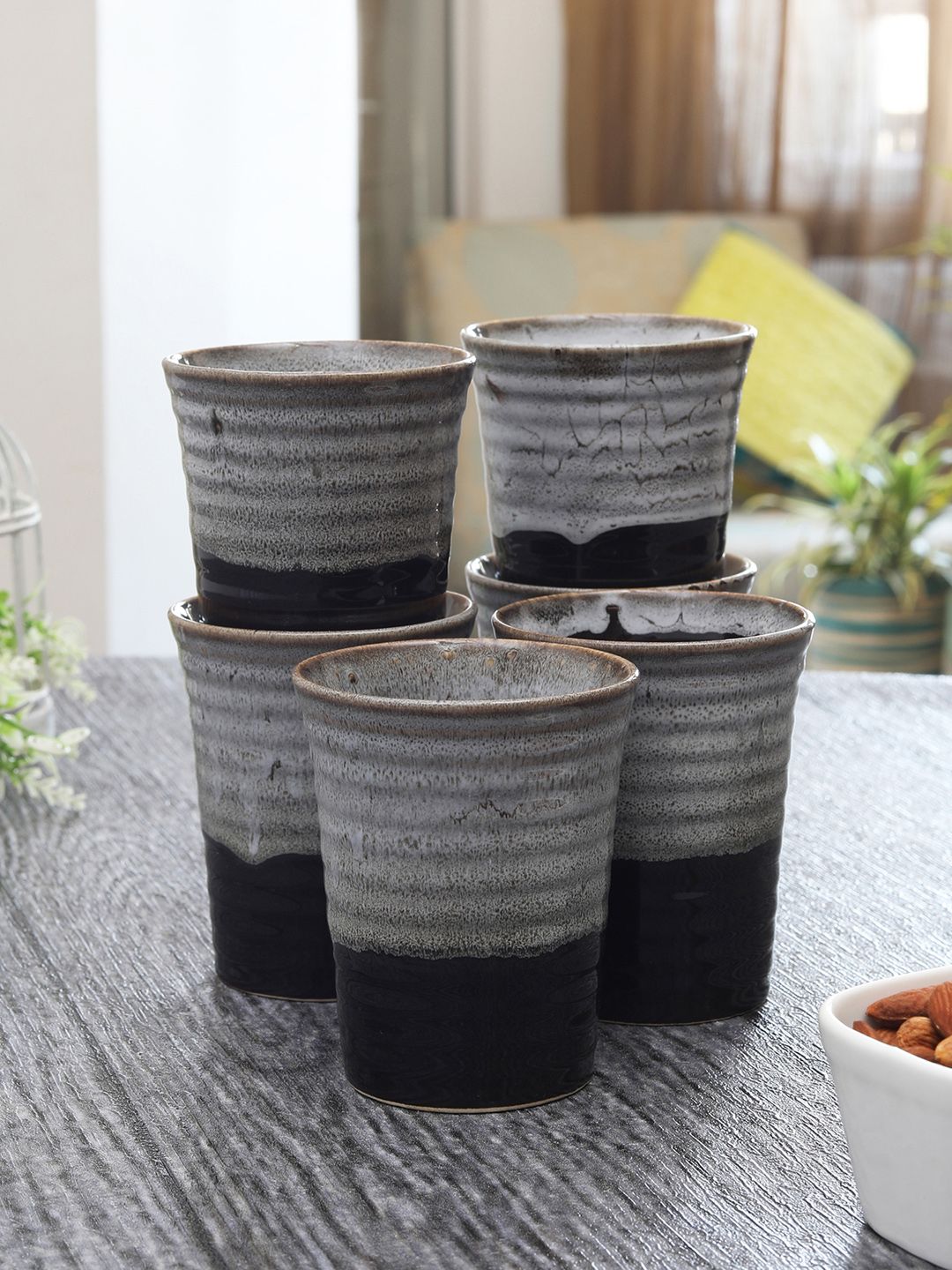 MIAH Decor Black & Grey 6-Pieces Printed Ceramic Pottery Tumblers Price in India