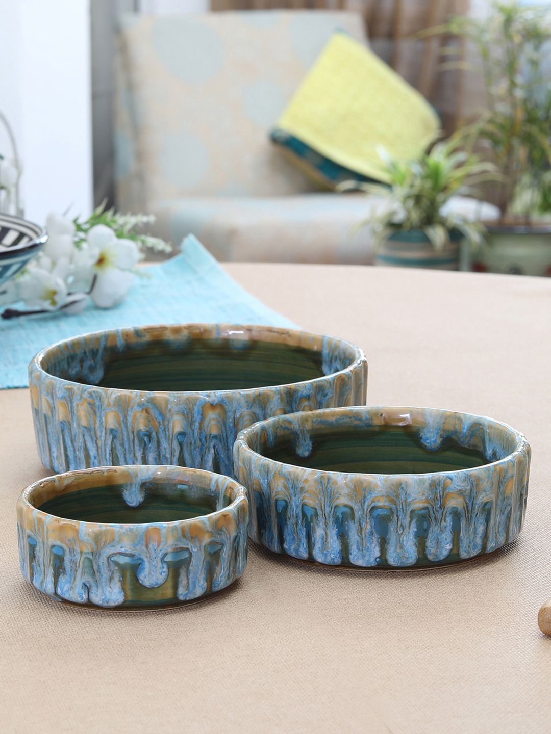MIAH Decor Blue & Brown 3-Pieces Printed Ceramic Pie Plates Price in India