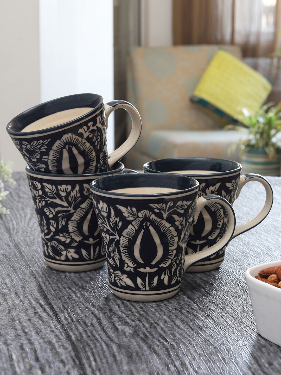 MIAH Decor Black 4-Pieces Printed Ceramic Cups Set Price in India