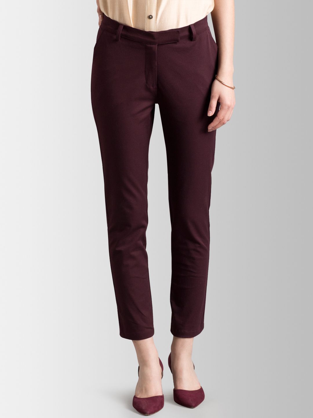 FableStreet Women Maroon Slim Fit Solid Formal Trousers Price in India