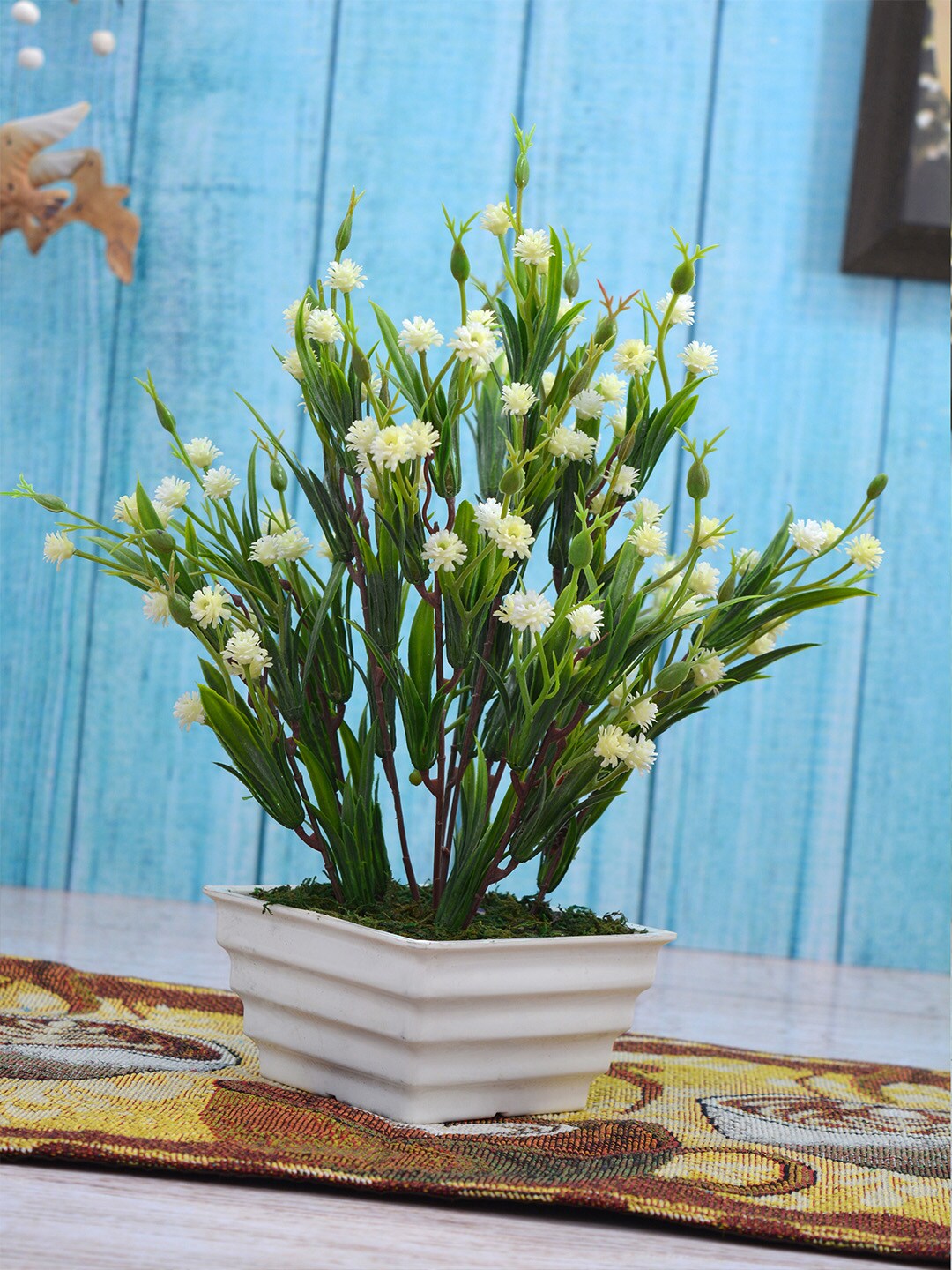 Fancy Mart White & Green Artificial Mini Carnation Plant With Pot Price in India