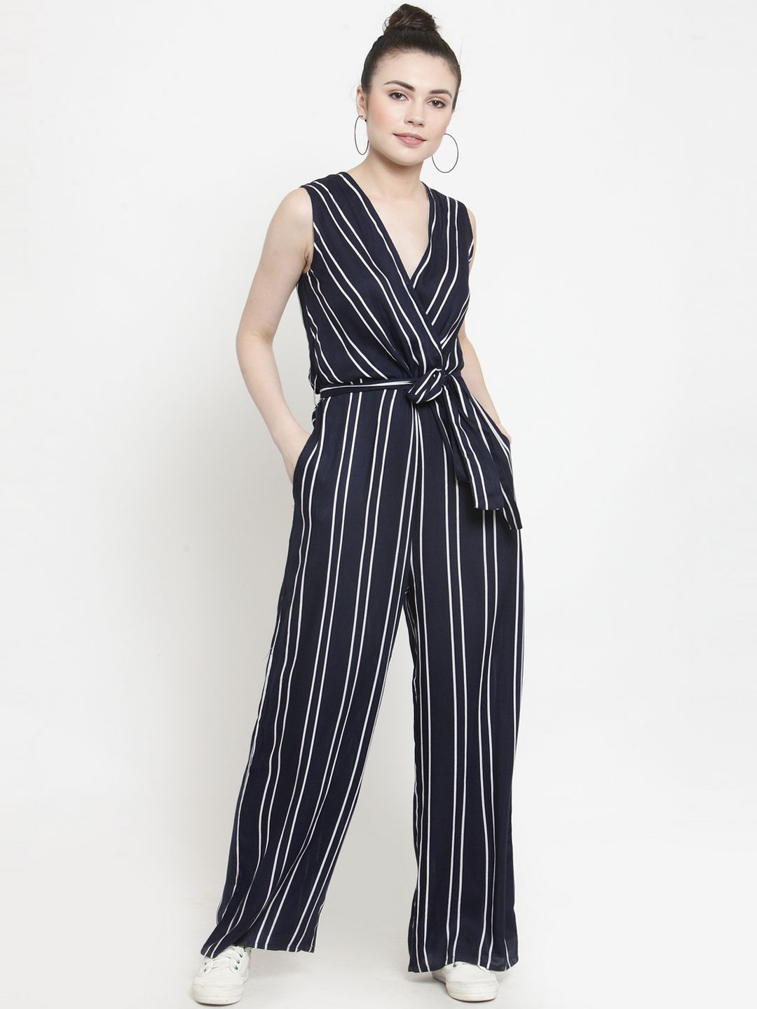 Color Cocktail Navy Blue Striped Basic Jumpsuit Price in India