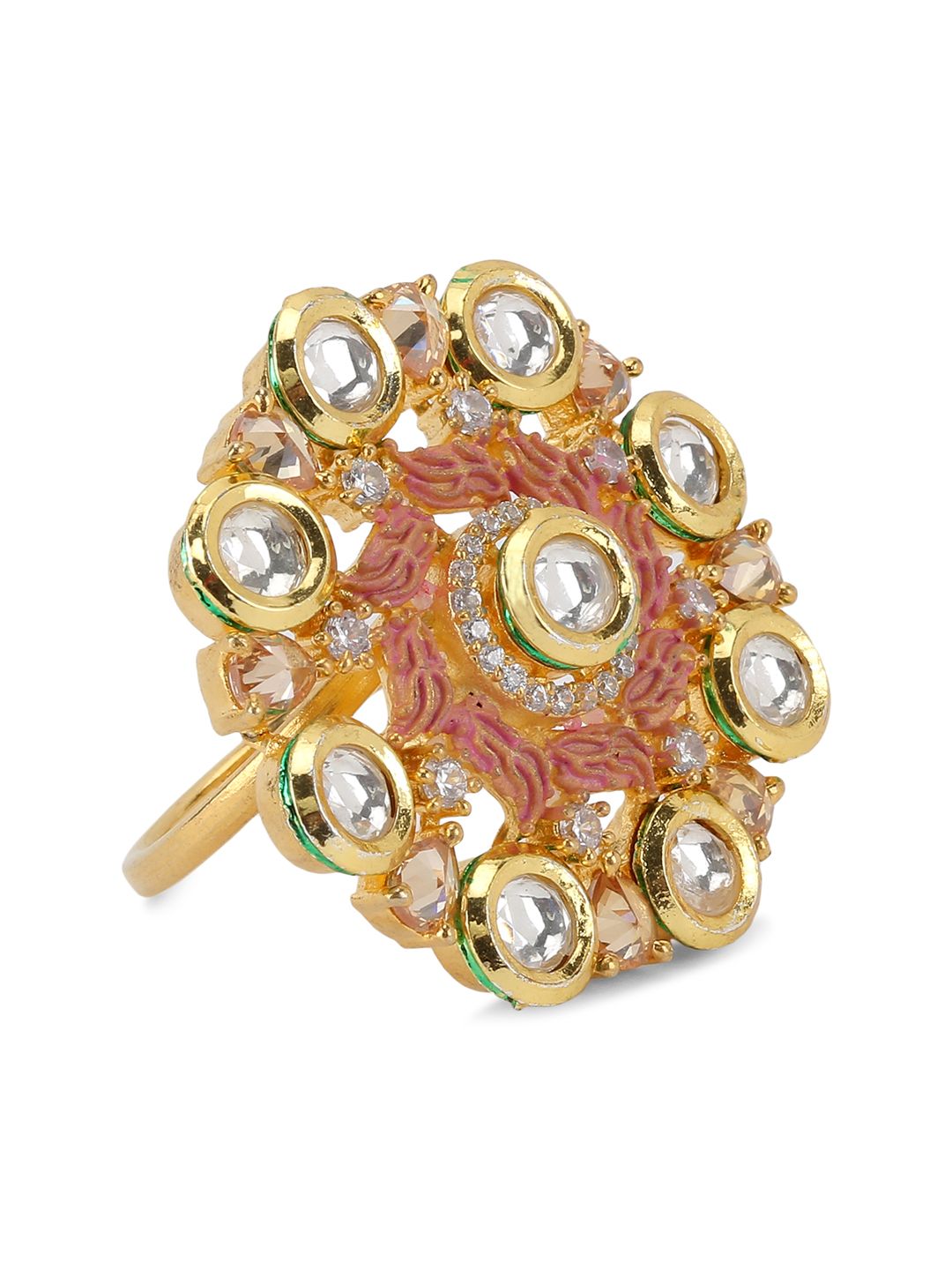 ANIKAS CREATION Women Gold-Plated & Pink American Diamond Studded With Kundan Finger Ring Price in India