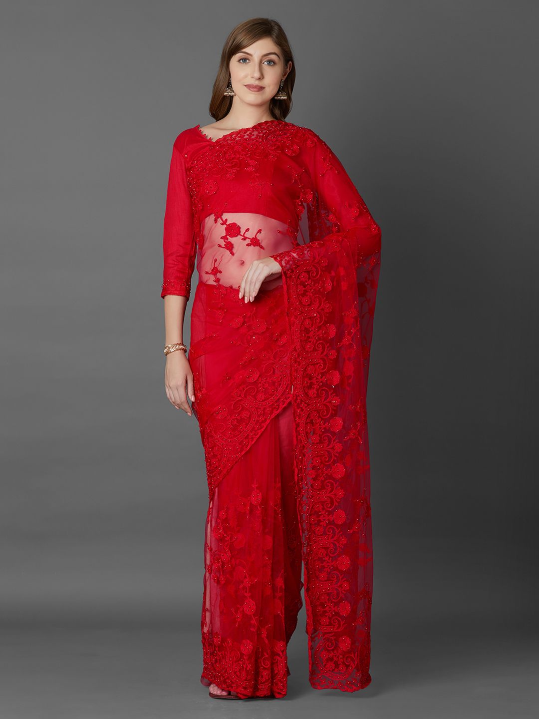 Mitera Red Embroidered Net Saree Price in India