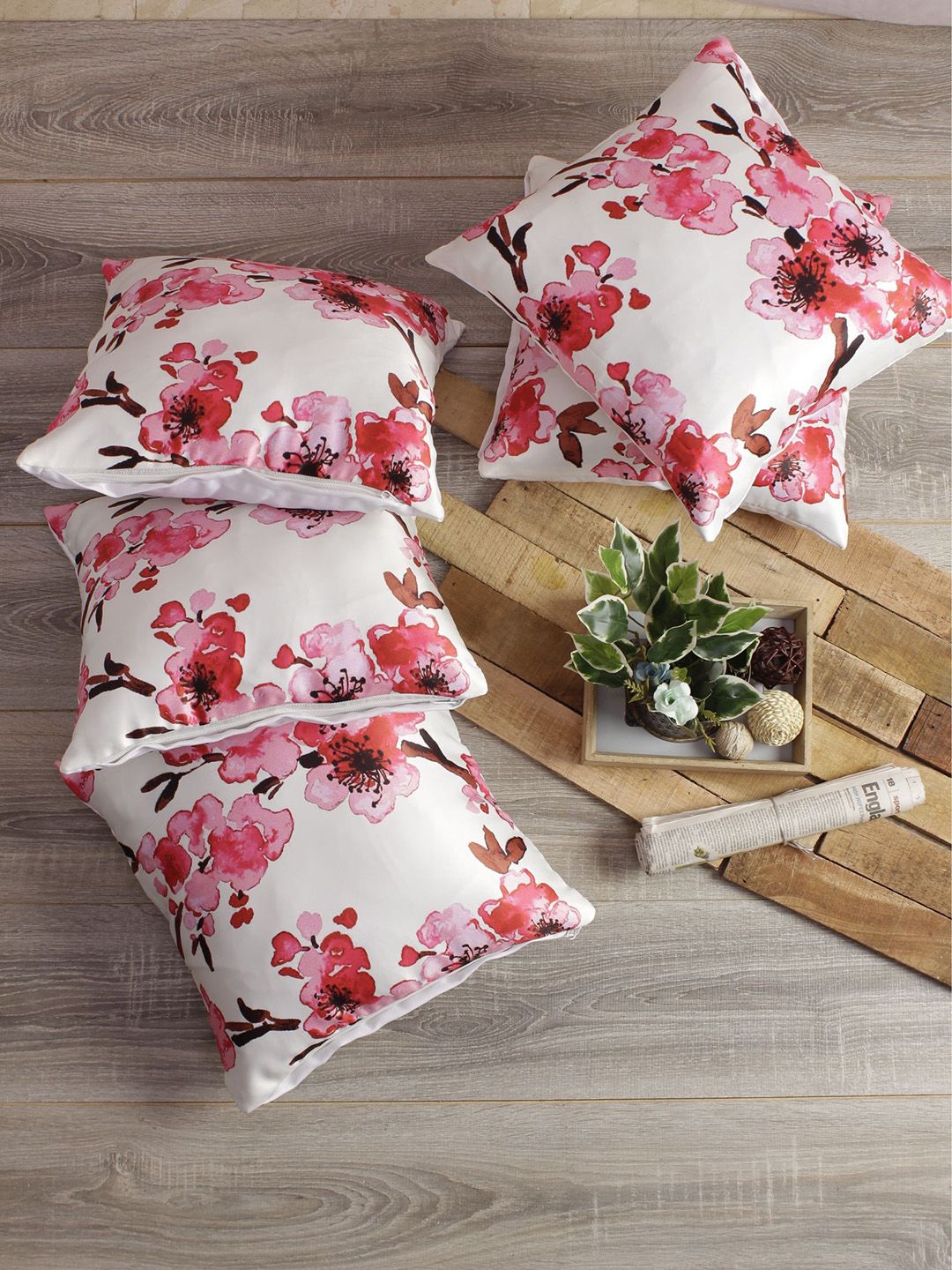 Soumya White & Red Set of 5 Floral Square Cushion Covers Price in India