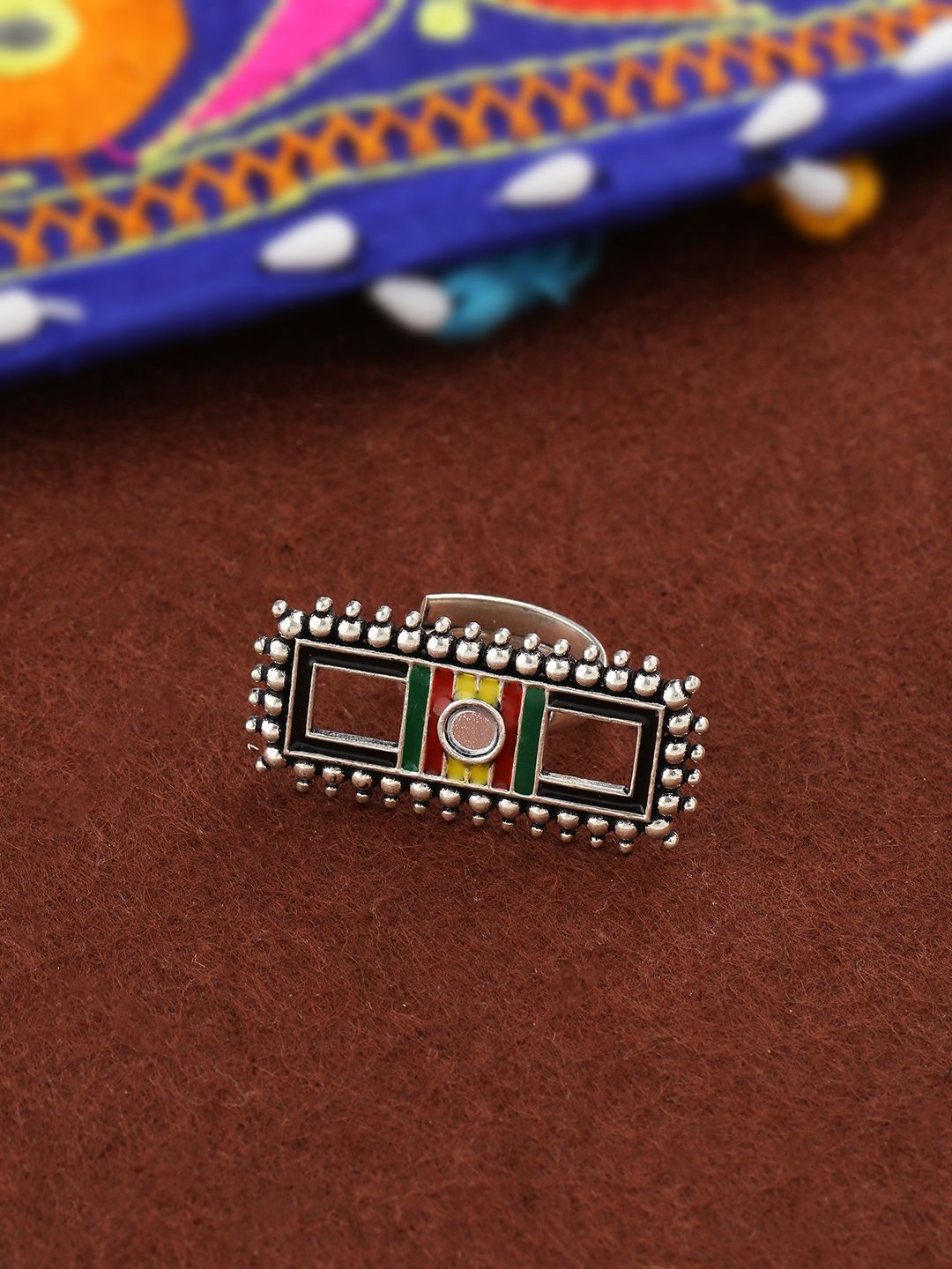 Studio Voylla Women Multi-Coloured Silver-Plated Enamelled Mirror Design Finger Ring Price in India