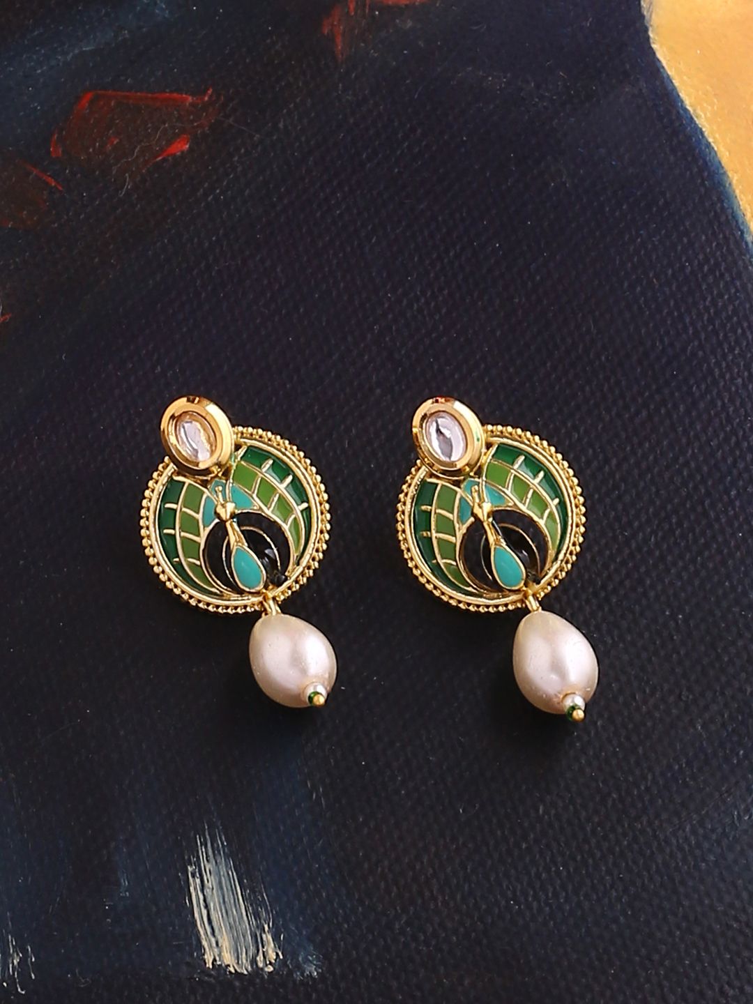 Studio Voylla Gold-Toned & Green Circular Drop Earrings Price in India