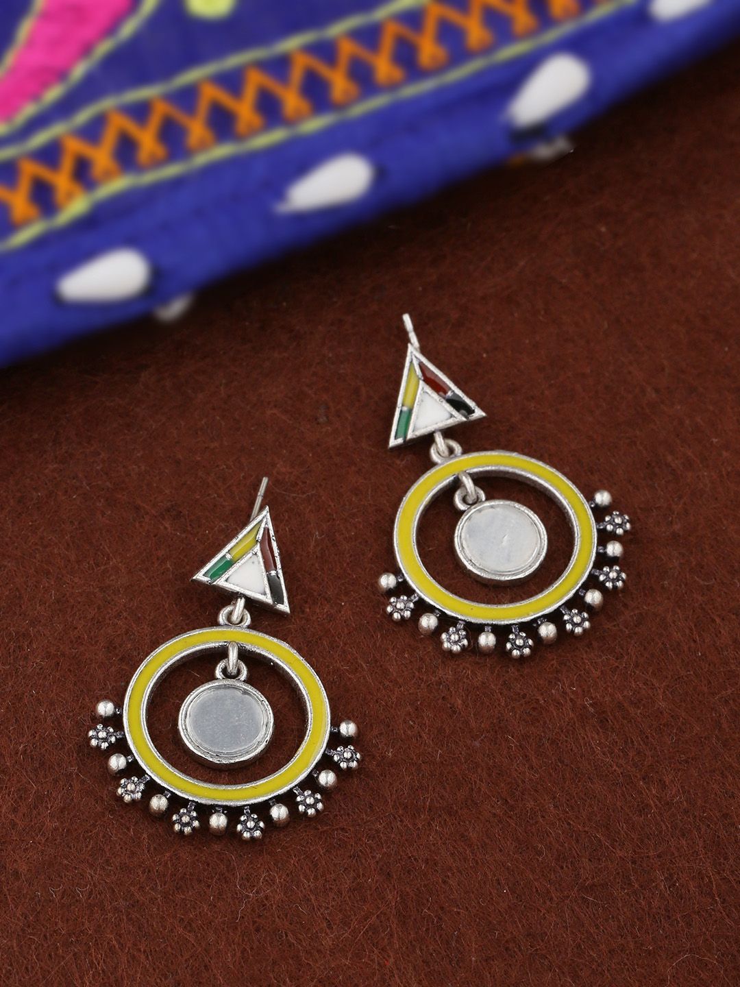 Studio Voylla Silver-Toned & Yellow Contemporary Drop Earrings Price in India