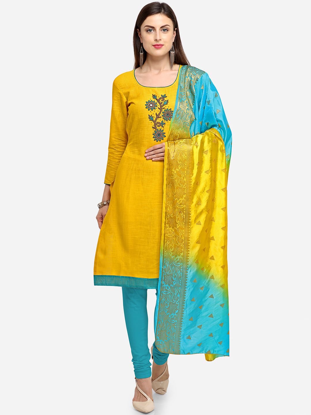 Blissta Yellow & Teal Blue Embroidered Cotton Blend Unstitched Dress Material Price in India