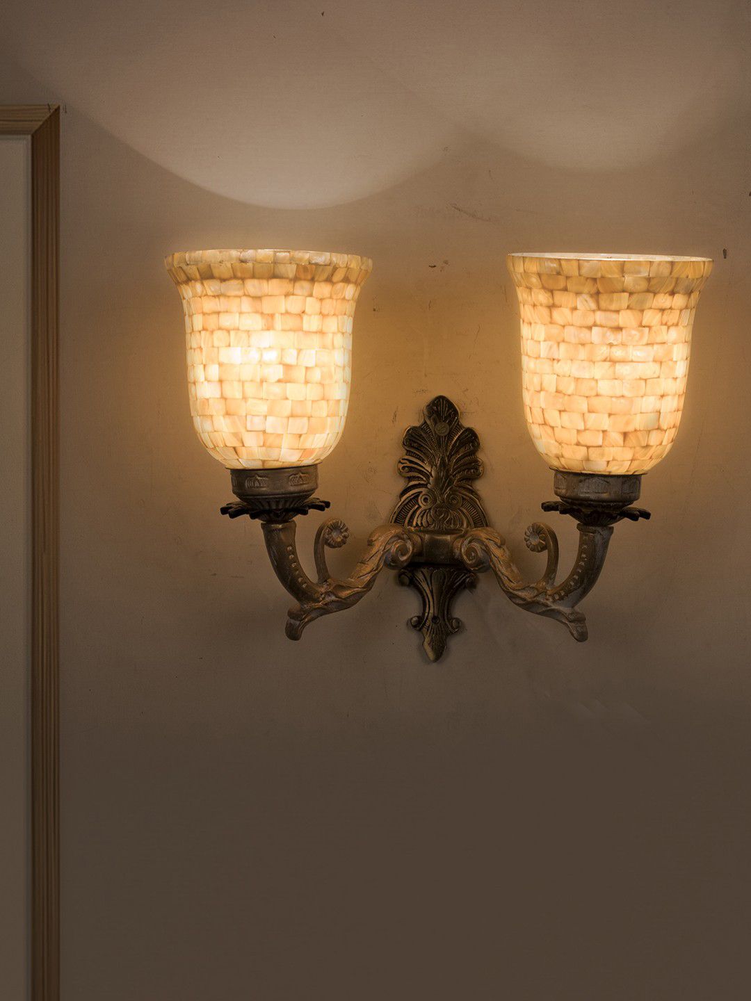 Fos Lighting Gold-Toned Textured Wallchiere With Glass Shade Price in India