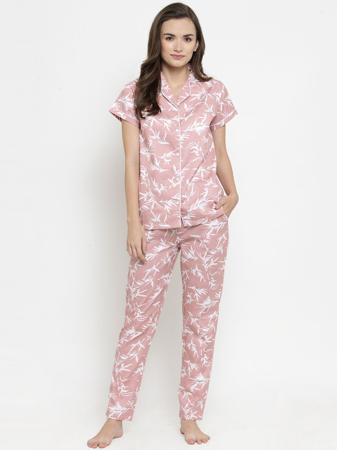 Claura Women Pink & White Feather Print Pyjamas Set Price in India