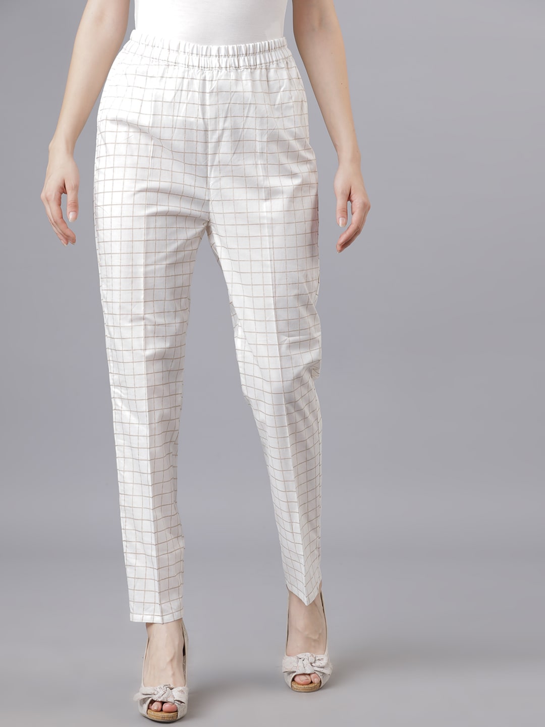 Vishudh Women Off-White Checked Straight Pants Price in India