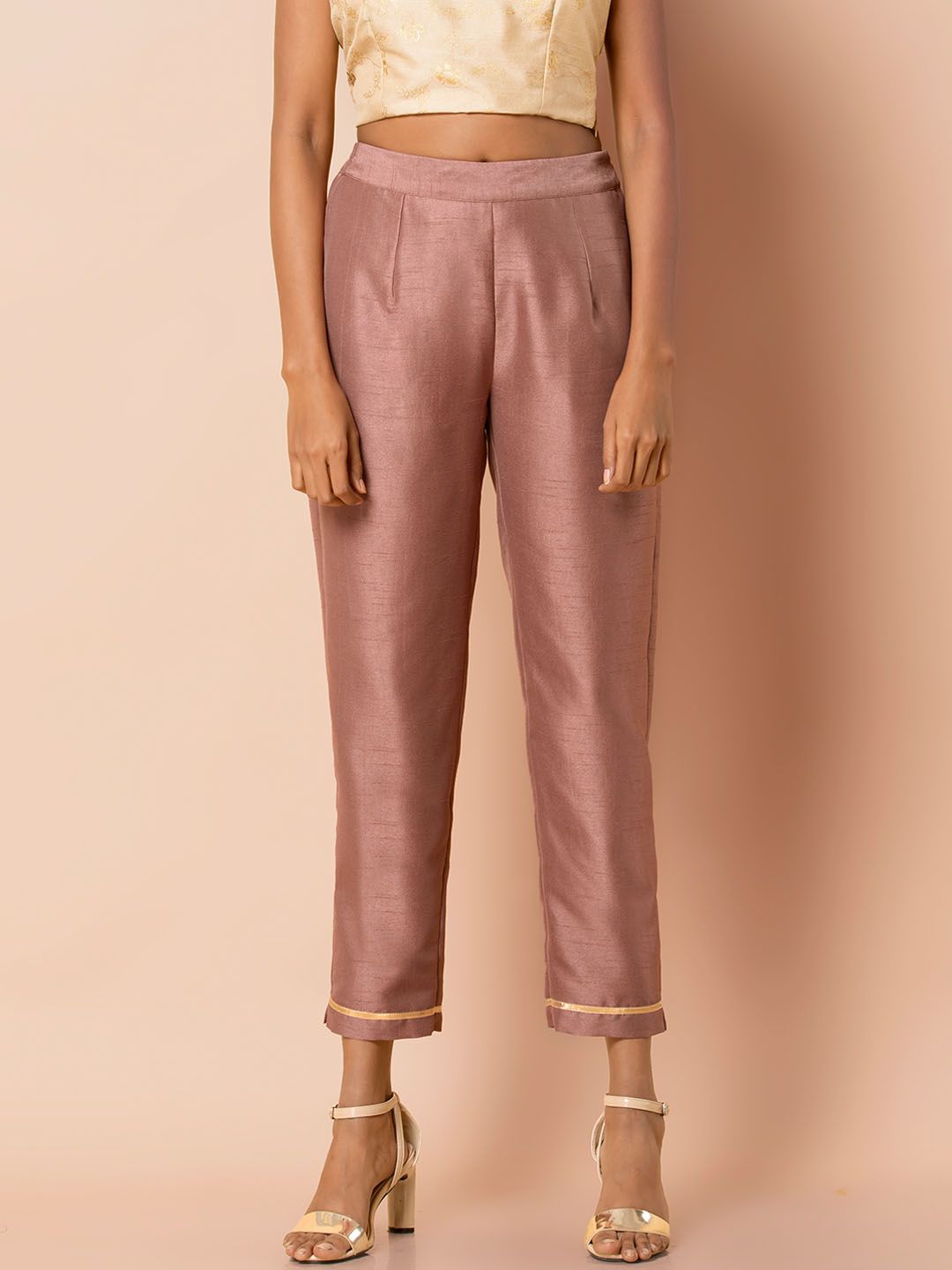 INDYA Women Pink Slim Fit Solid Cigarette Trousers Price in India