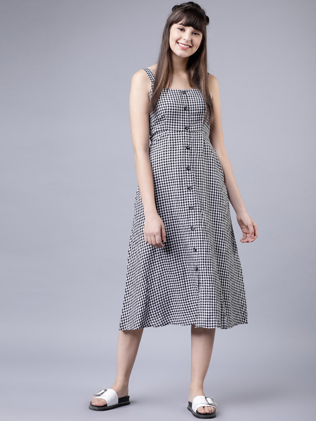 Tokyo Talkies Women Black & White Checked Fit and Flare Dress Price in India