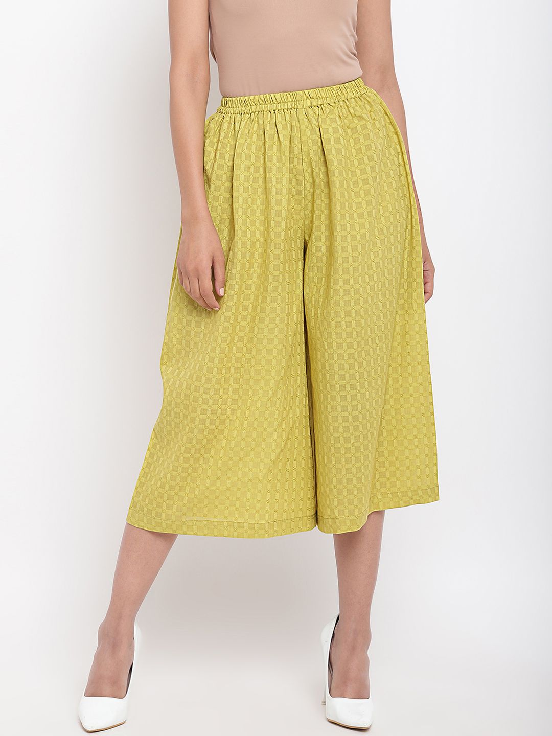 trueBrowns Women Green Checked Wide Leg Palazzos Price in India