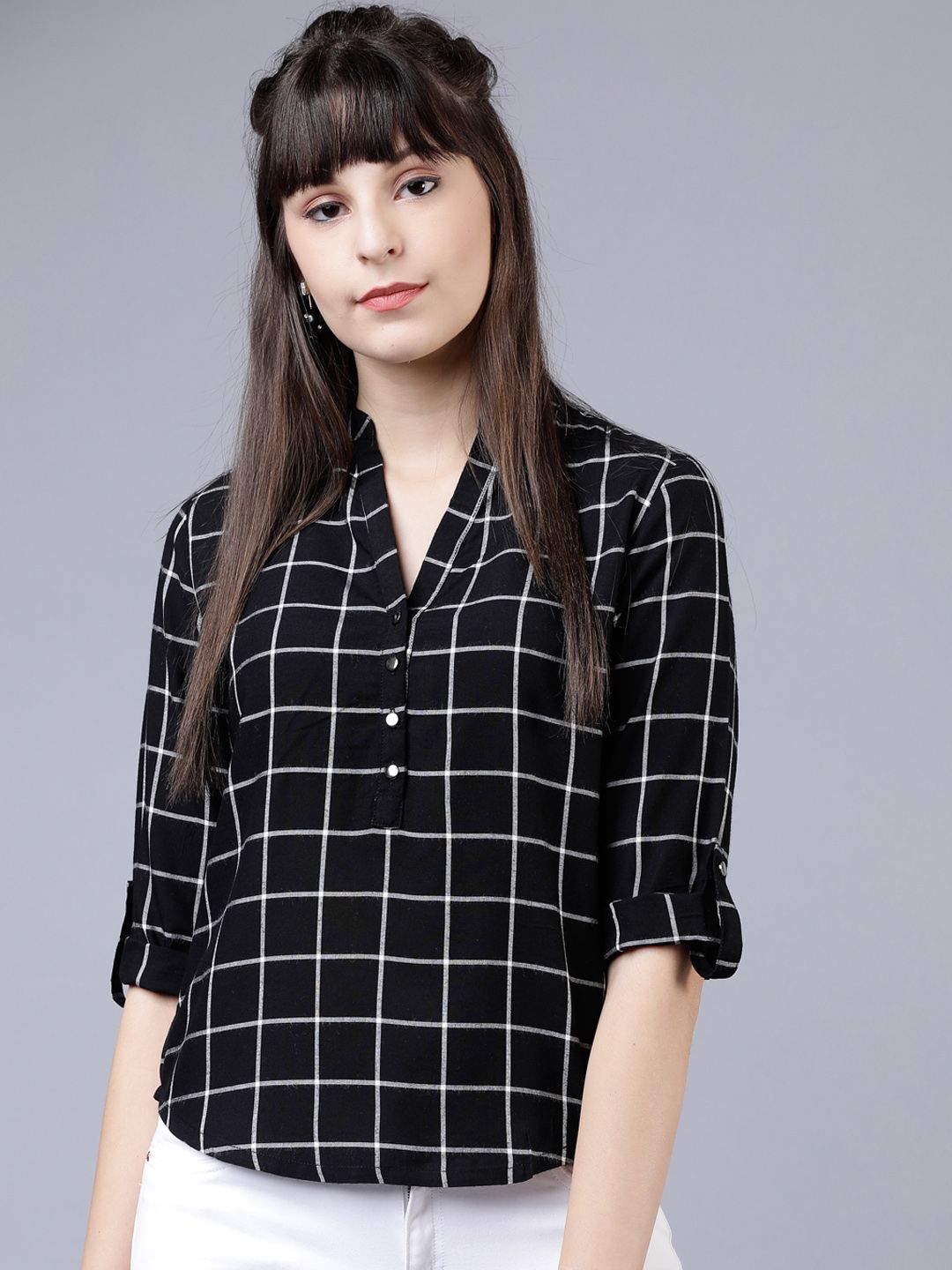Tokyo Talkies Women Black & White Regular Fit Checked Casual Shirt Price in India