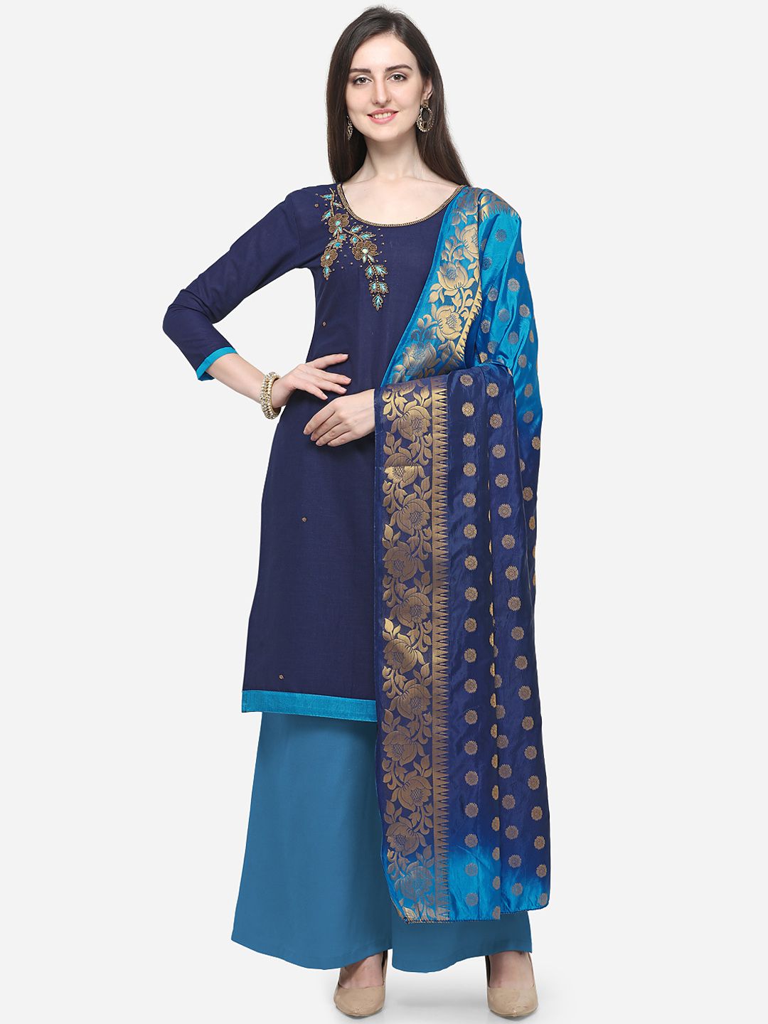 Blissta Navy Blue & Blue Cotton Blend Unstitched Dress Material Price in India