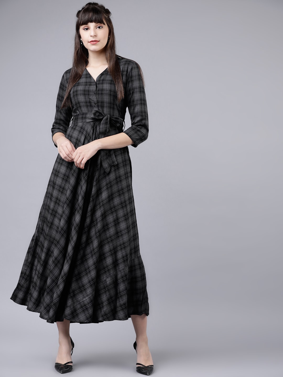 Tokyo Talkies Women Grey & Black Checked Empire Dress Price in India