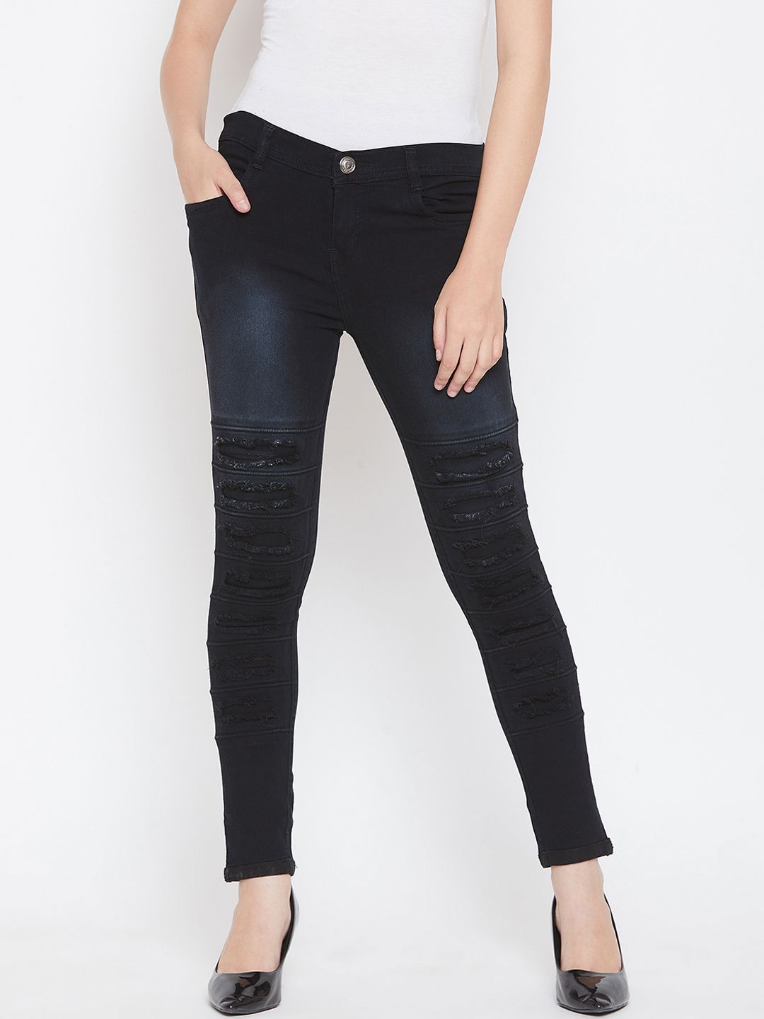 Nifty Women Black Slim Fit Mid-Rise Highly Distressed Stretchable Jeans Price in India