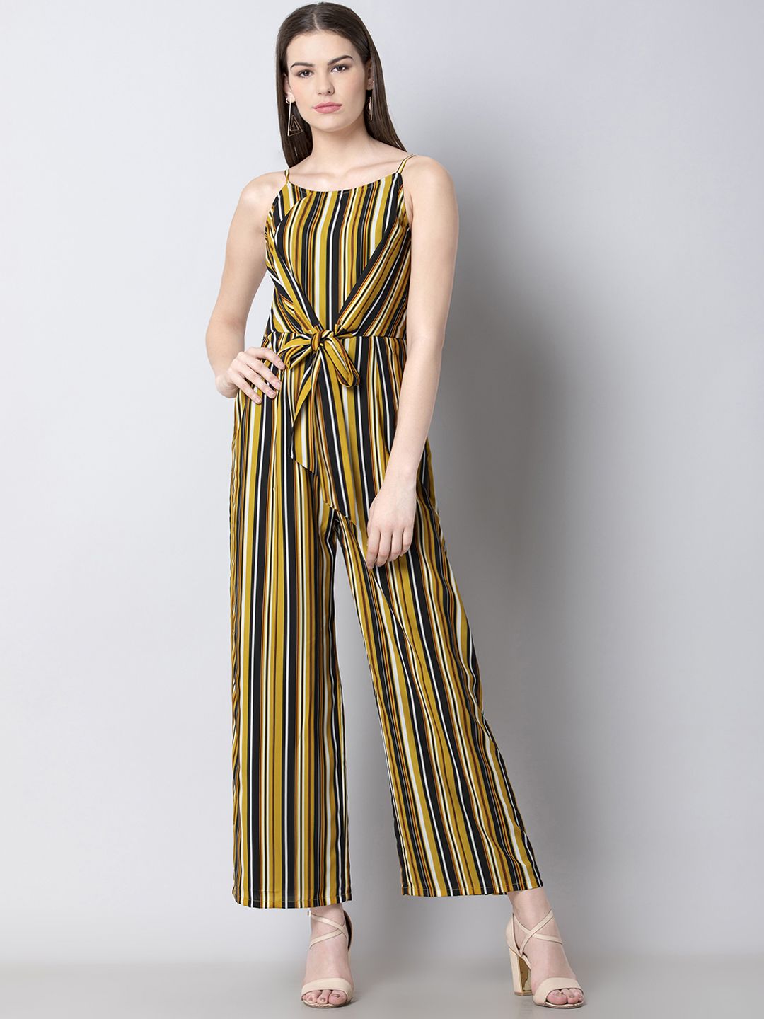 FabAlley Women Yellow & Black Striped Basic Jumpsuit Price in India