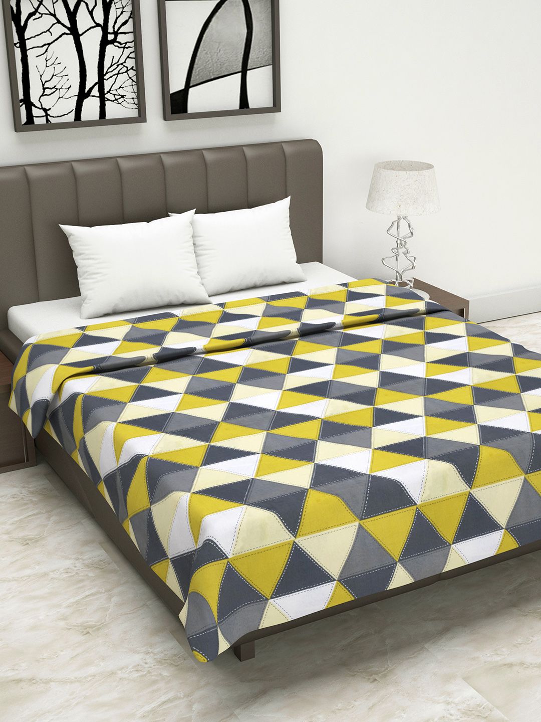 Divine Casa Yellow & Grey Geometric AC Room 110 GSM Double Bed Dohar Price in India