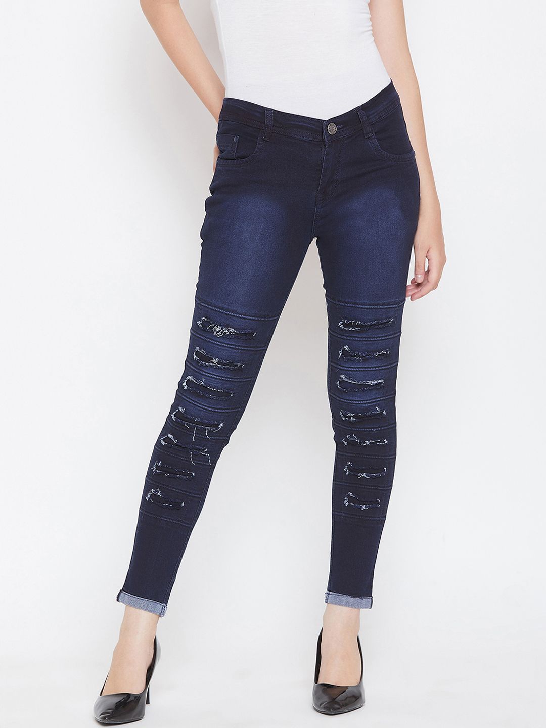 Nifty Women Blue Slim Fit Mid-Rise Highly Distressed Stretchable Jeans Price in India