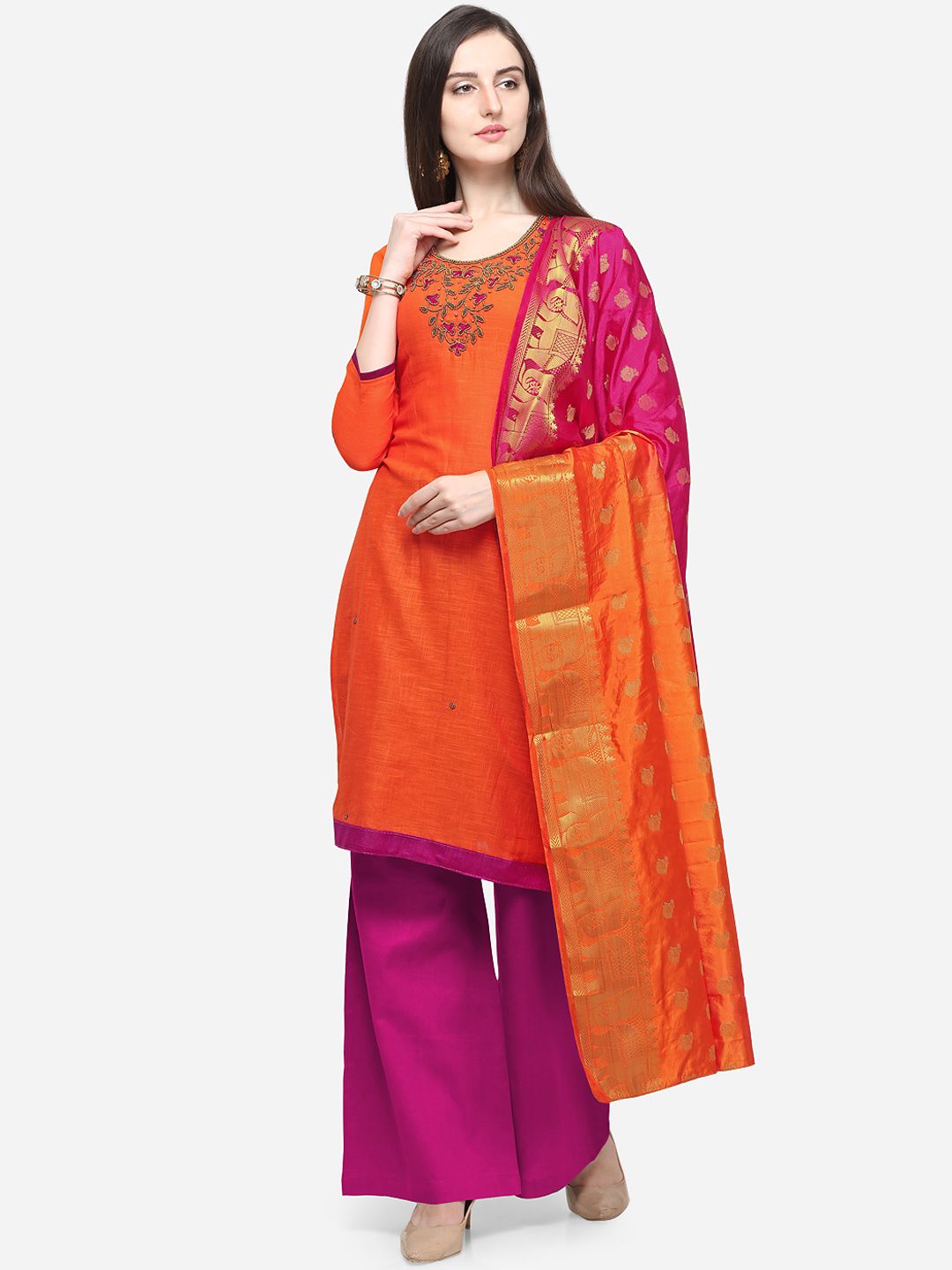 Blissta Orange & Pink Cotton Blend Unstitched Dress Material Price in India