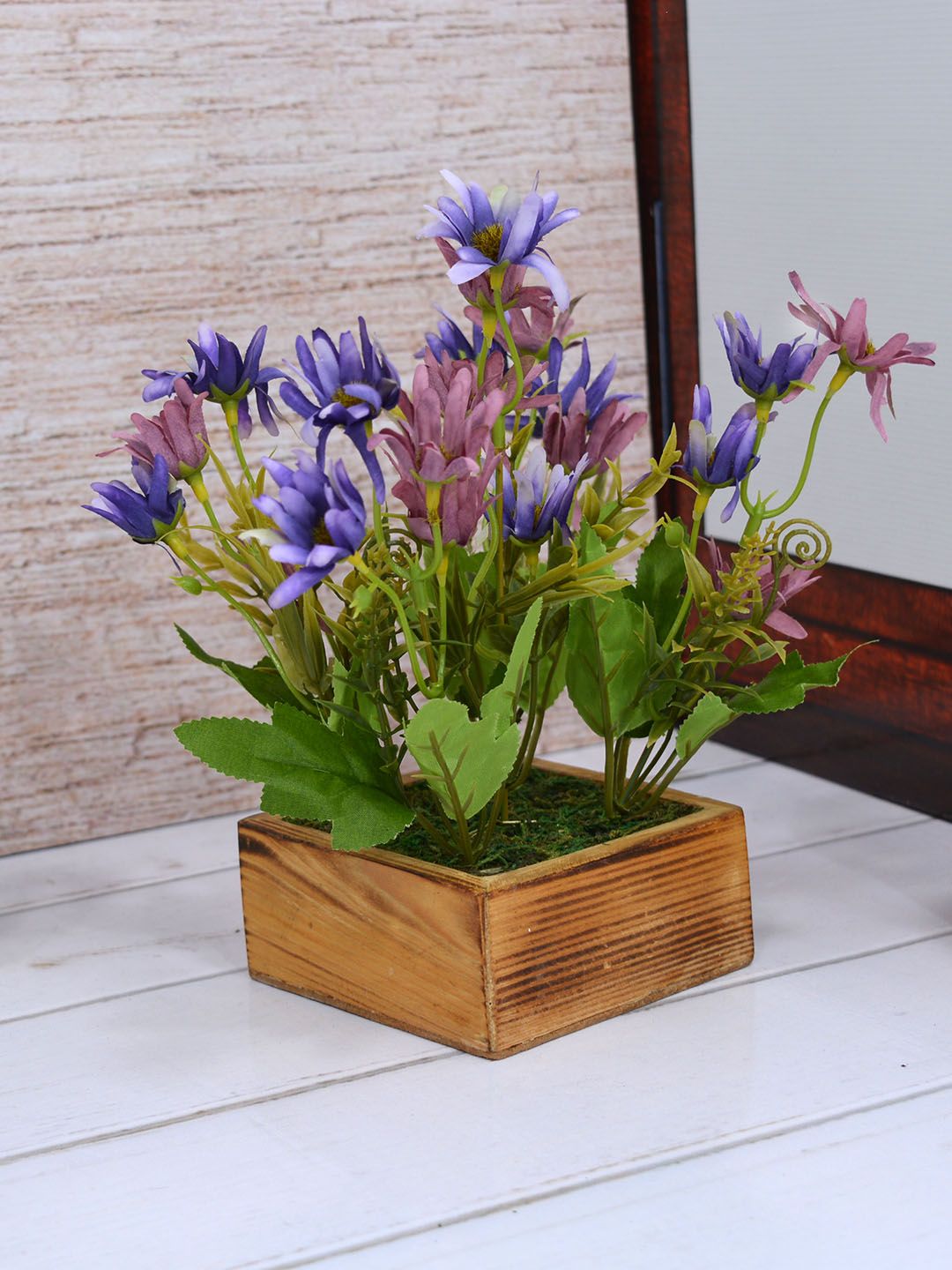 Fancy mart Multicoloured Artificial Icelandic Chrissanthemum Plant with Wood Square Pot Price in India