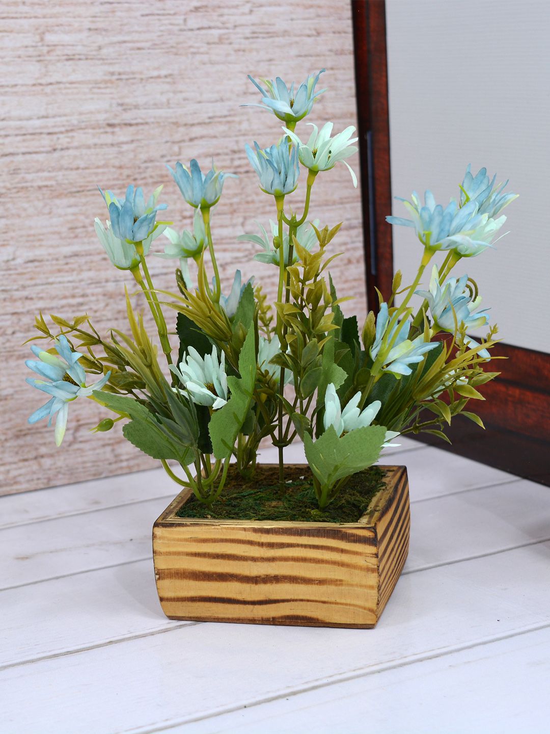 Fancy mart Blue & Green Artificial Icelandic Chrissanthemum Plant with Wood Square Pot Price in India