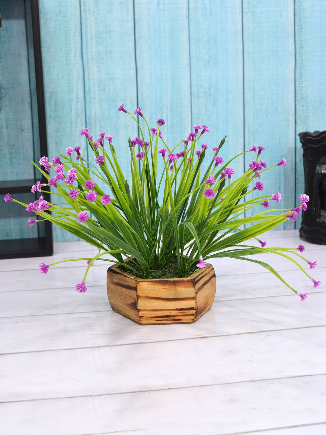 Fancy mart Purple & Green Artificial Button Flower Plant with Wood Hexa Pot Price in India