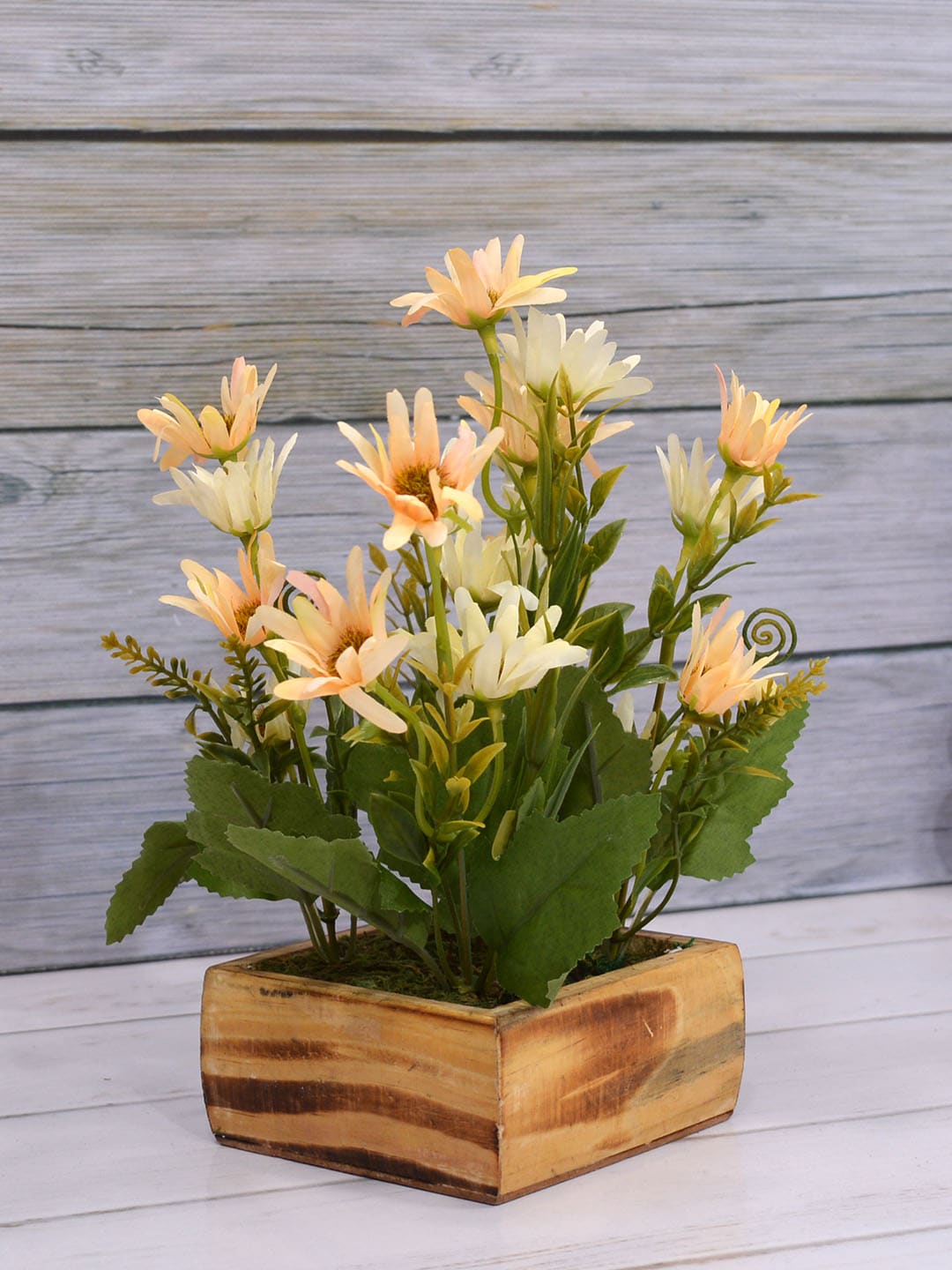 Fancy mart Multicoloured Artificial Icelandic Chrissanthemum Plant with Wood Square Pot Price in India