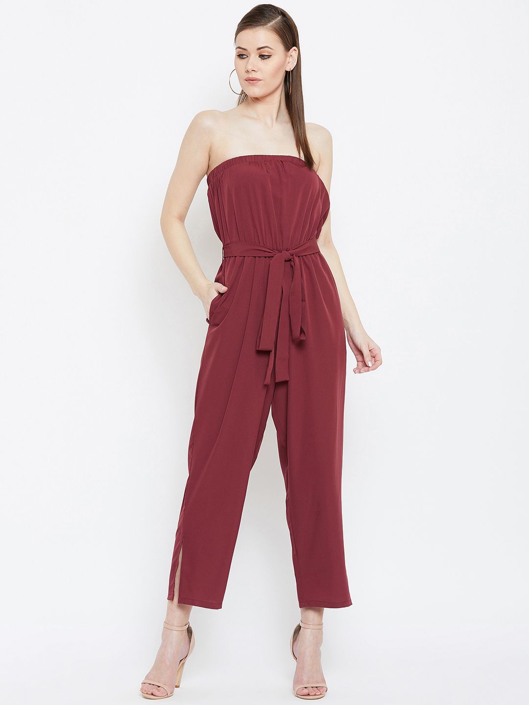 Berrylush Women Maroon Solid Basic Jumpsuit Price in India