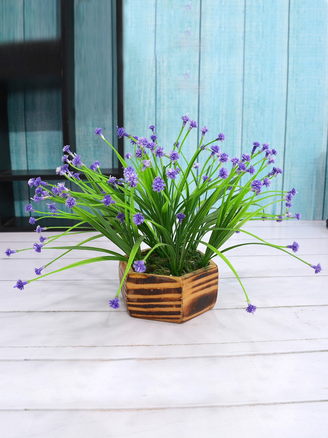 Fancy mart Purple & Green Artificial Button Flower Plant with Wood Hexa Pot Price in India