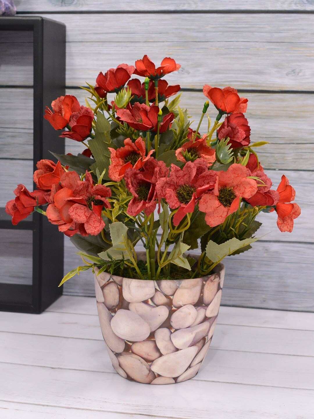 Fancy mart Red & Green Artificial Chrissanthemum Plant with Stone Texture Pot Price in India
