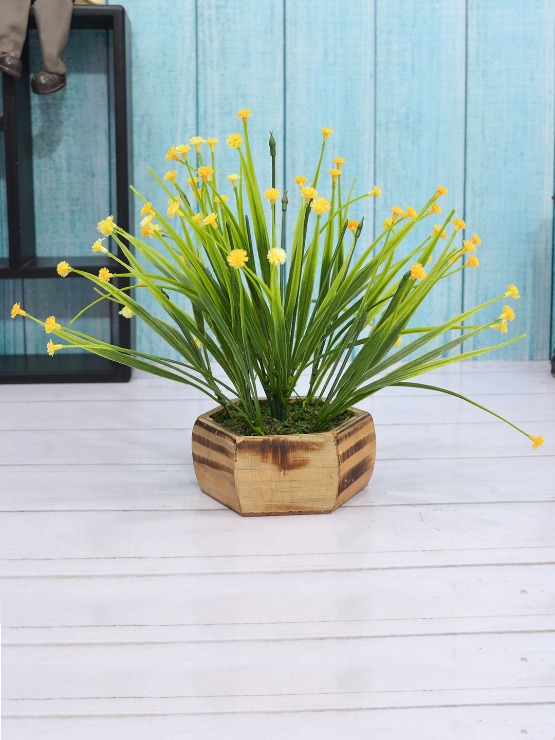Fancy mart Yellow & Green Artificial Button Flower Plant with Wood Hexa Pot Price in India