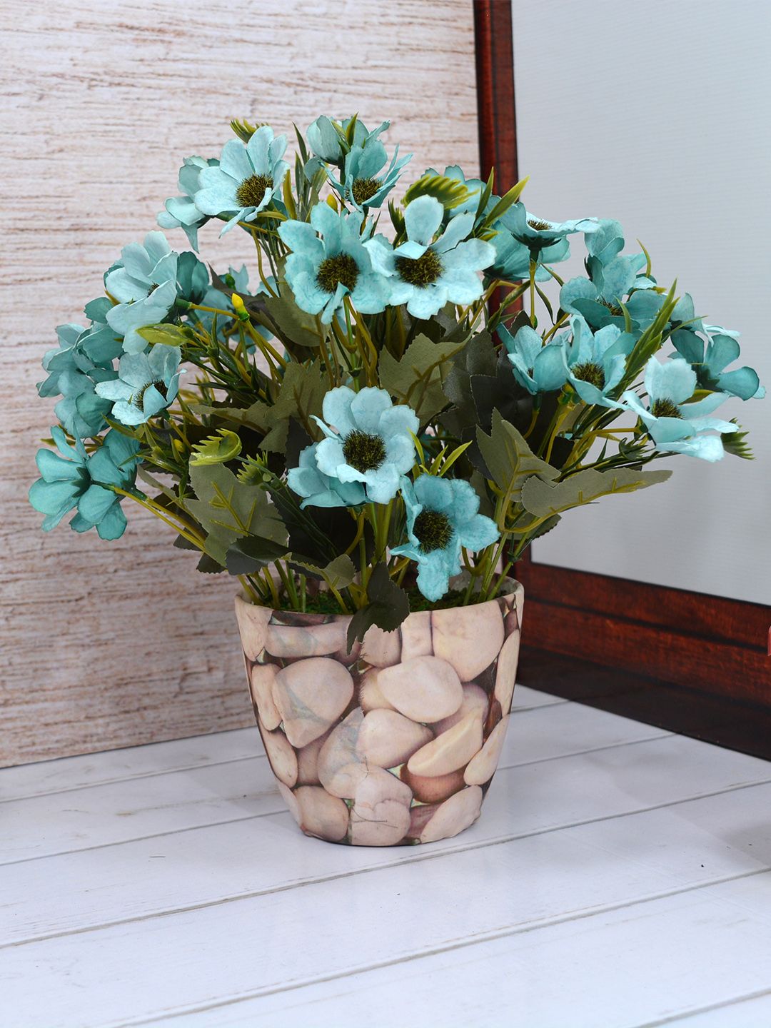 Fancy mart Blue & Green Artificial Chrissanthemum Plant with Stone Texture Pot Price in India