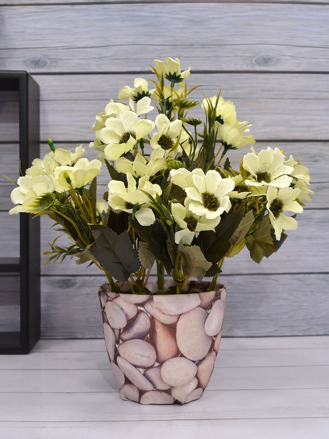 Fancy mart Off White & Green Artificial Chrissanthemum Plant with Stone Texture Pot Price in India