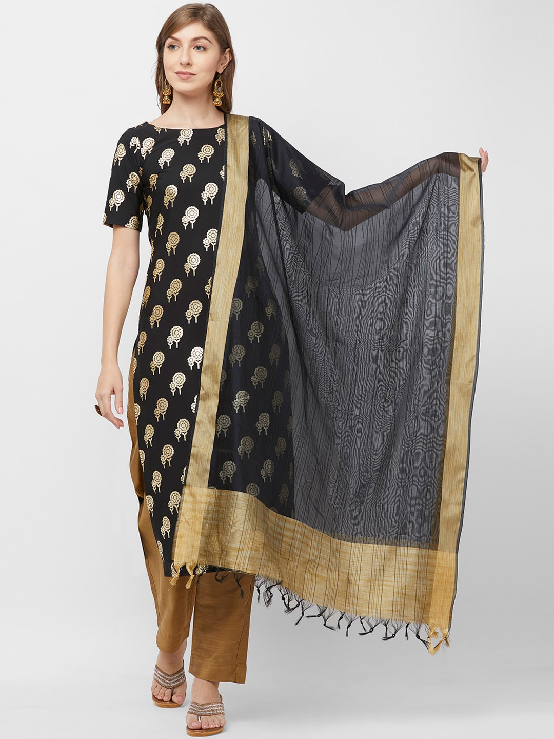 Dupatta Bazaar Women Black & Gold-Toned Solid Dupatta Price in India
