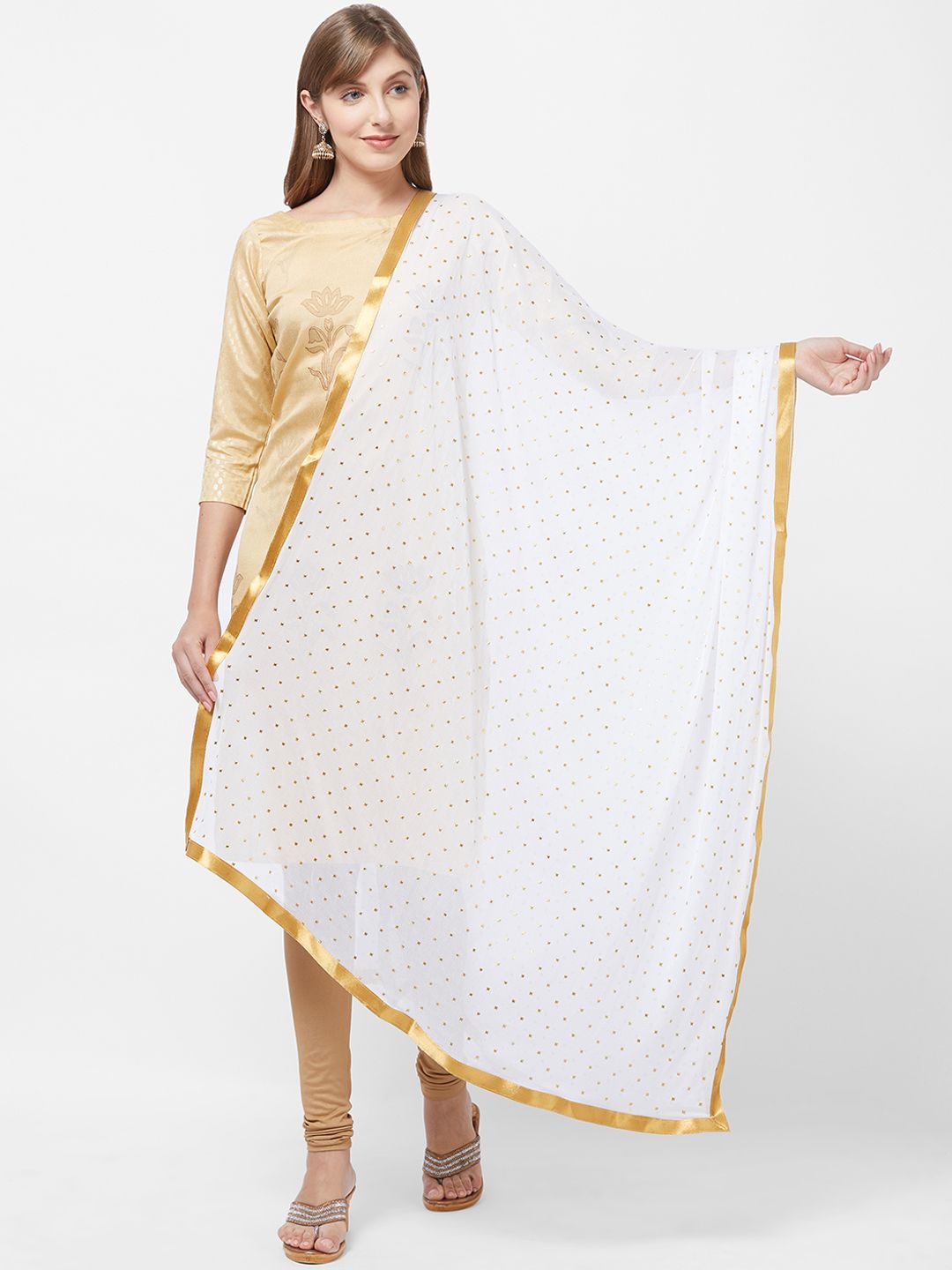 Dupatta Bazaar White & Gold-Coloured Solid Dupatta Price in India