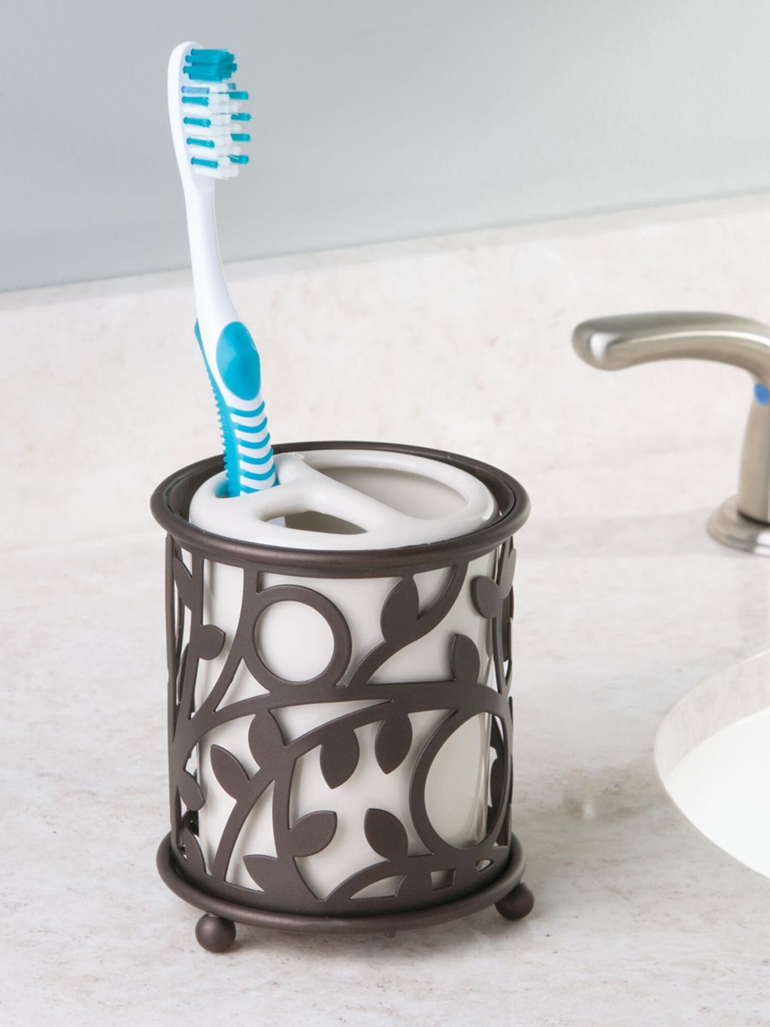 INTERDESIGN Brown Ceramic, Steel & Bronze Toothbrush Holder Price in India